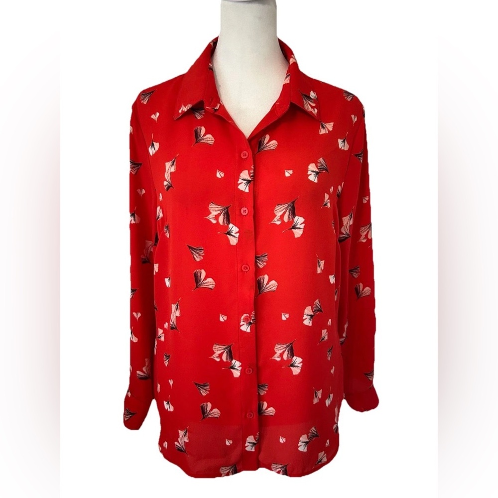 Banana Republic Factory Classic Fit Red Floral Button-Down Shirt Sz Petite M